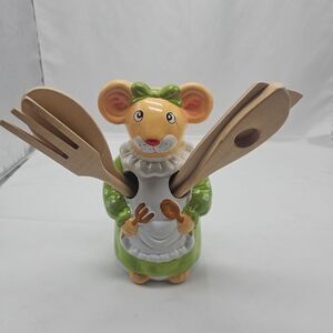 Vintage Ceramic Kitchen Mouse & Wooden Spoon& Fork Hand Painted Utensil Holder